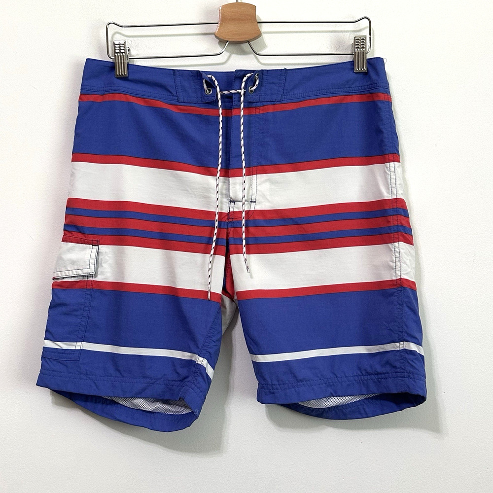 J Crew Mens Board Shorts 31 Swim Trunks Blue Red Stripe 4th of July Summer 8" IS